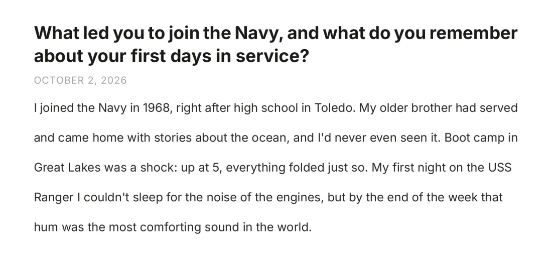 A page of Robert’s book: the question “What led you to join the Navy, and what do you remember about your first days in service?”, the date October 2, 2026, and his full answer.