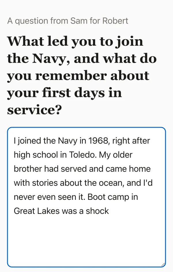 The answer page on a phone: “A question from Sam for Robert,” the Navy question in large type, and Robert’s answer being typed into a large box.
