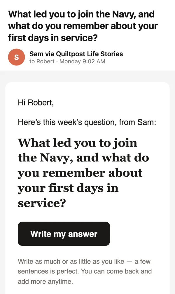 The weekly email on a phone, from “Sam via Quiltpost Life Stories” to Robert, with the Navy question and a “Write my answer” button.