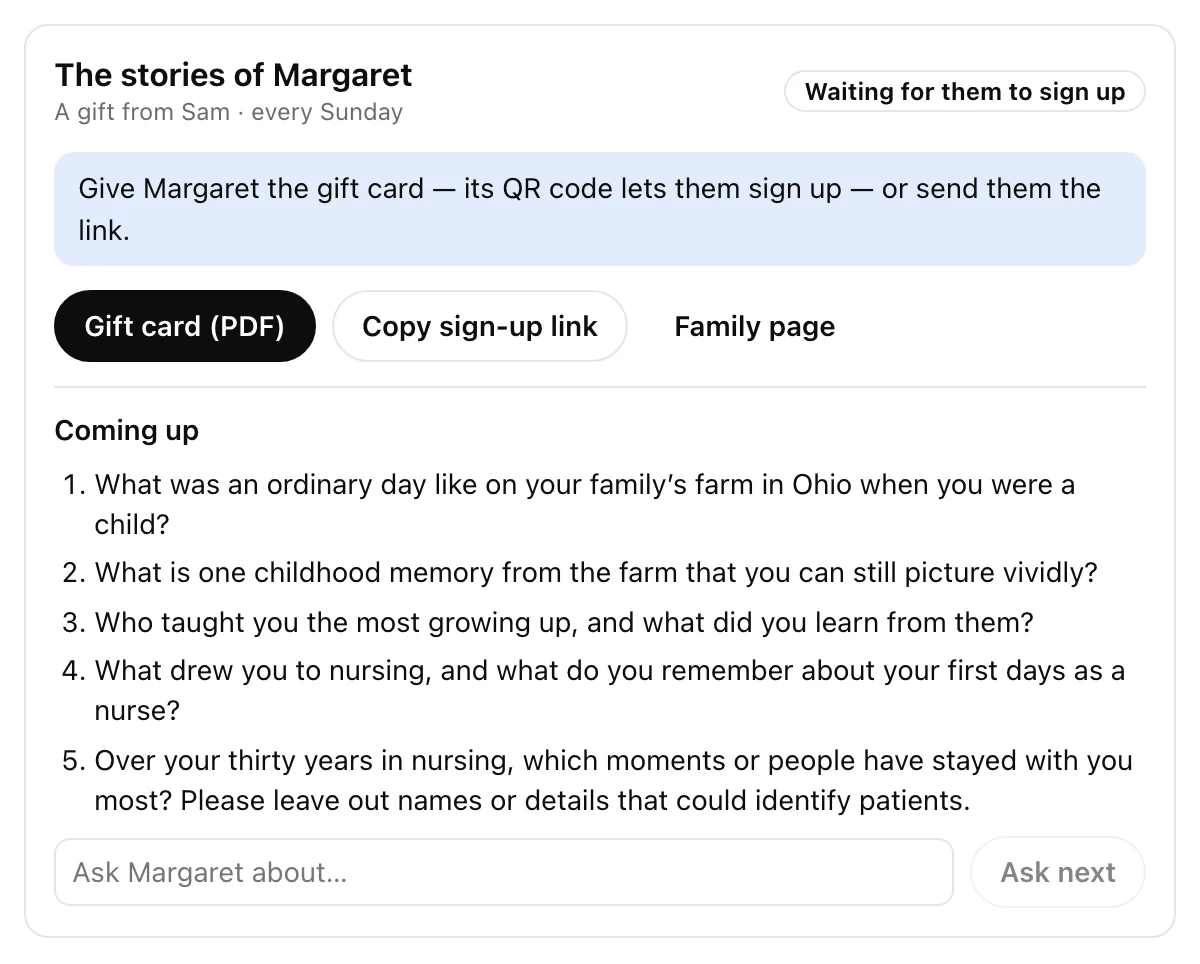 The Life Stories panel in ChatGPT: “The stories of Margaret, a gift from Sam, every Sunday,” marked “Waiting for them to sign up,” with buttons for the gift card, the sign-up link and the family page, and five upcoming questions about her Ohio farm childhood and her years in nursing.